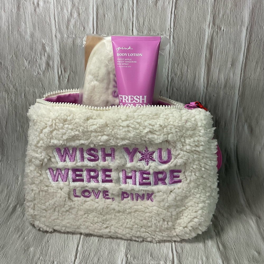 NIB Victoria Secret Cosmetic Bag with Fresh & Clean 2.5 Body Lotion and Sleep Ma